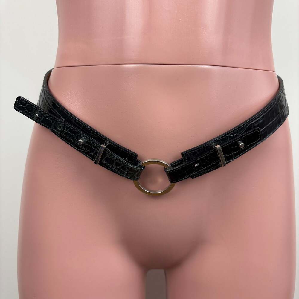 Talbots Black Leather Croc Embossed 1" Statement Belt Small (31.5" -32.5") Italy